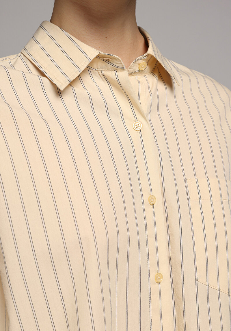 Boyfriend Fit Shirt Neck Çizgili Kadın Sari Uzun Kol Gömlek