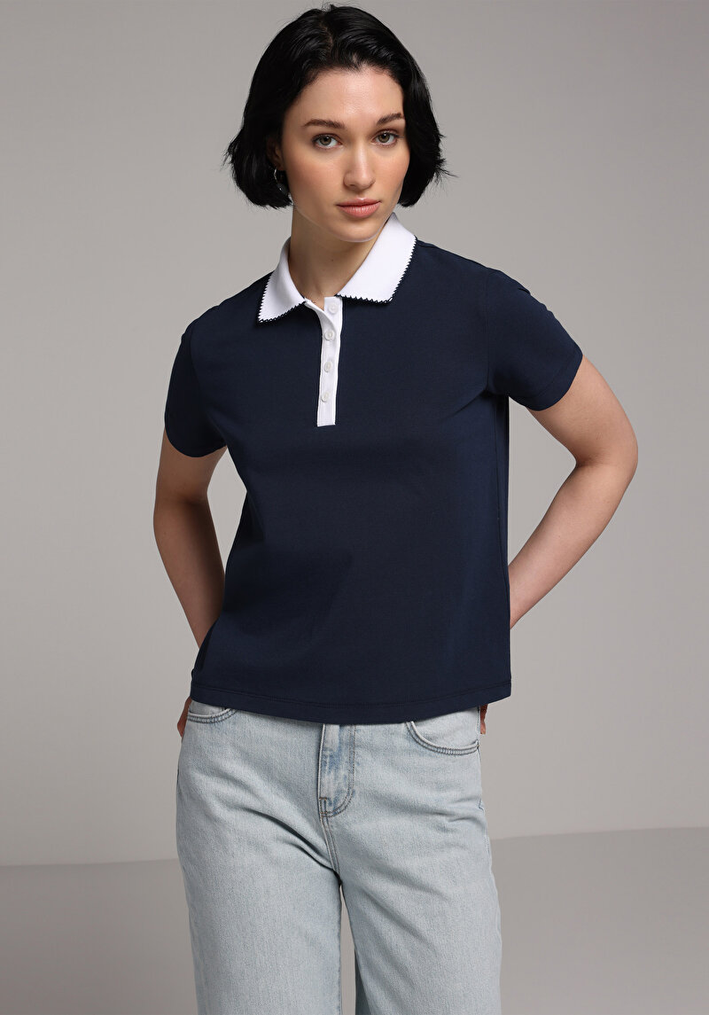 Regular Fit Polo Yaka Düz Kadın Lacivert Kısa Kol Tişört
