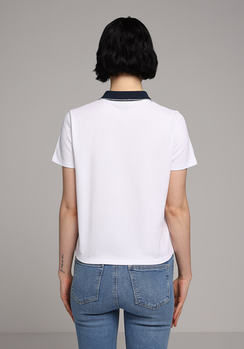 Regular Fit Polo Yaka Düz Kadın Beyaz Kısa Kol Tişört