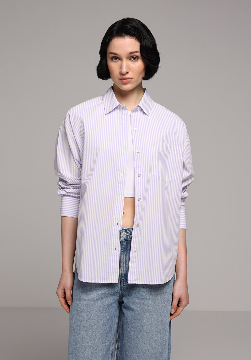 Boyfriend Fit Shirt Neck Çizgili Kadın Mor Uzun Kol Gömlek