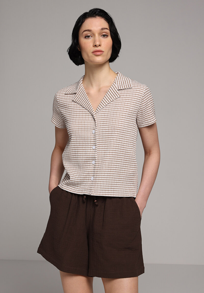 Regular Fit Yüksel Bel Düz Kadın Kahverengi Şort