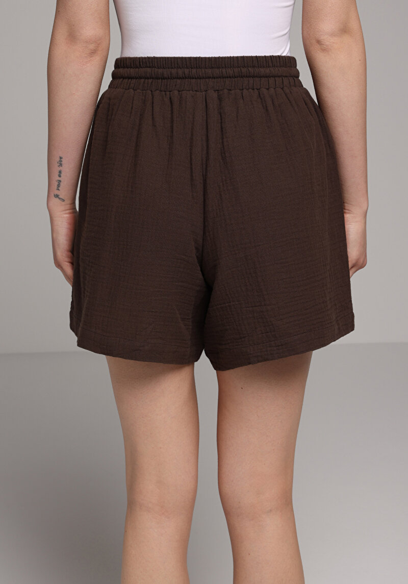 Regular Fit Yüksel Bel Düz Kadın Kahverengi Şort