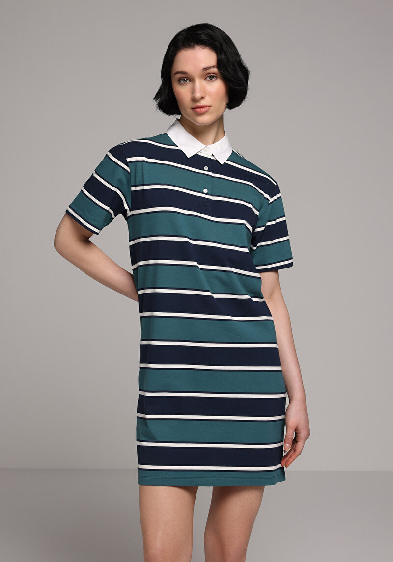 Regular Fit Çizgili Kadın Çok Renkli Kısa Kol Elbise
