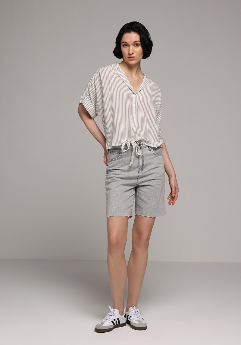 Fashion Fit Shirt Neck Çizgili Kadın Yeşil Kısa Kol Gömlek