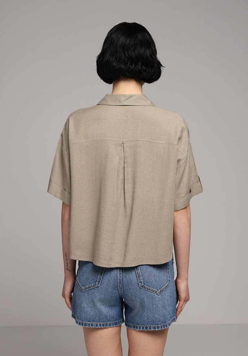 Fashion Fit Shirt Neck Düz Kadın Yeşil Kısa Kol Gömlek