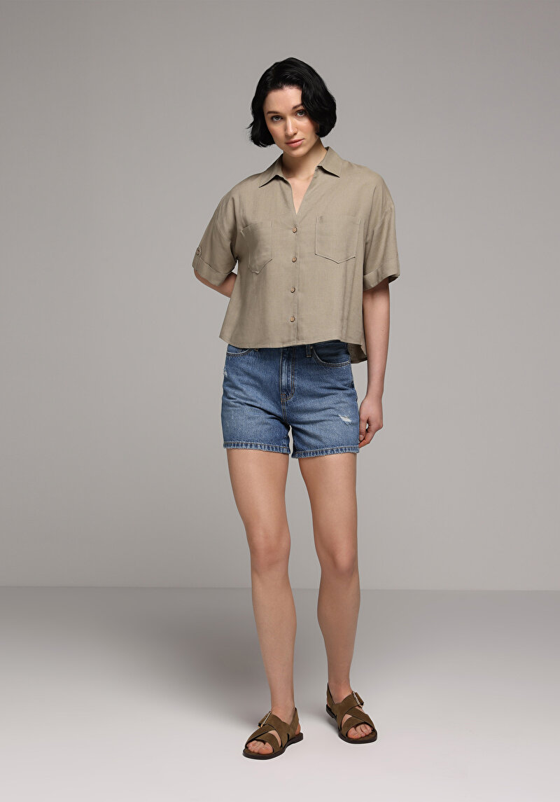 Fashion Fit Shirt Neck Düz Kadın Yeşil Kısa Kol Gömlek