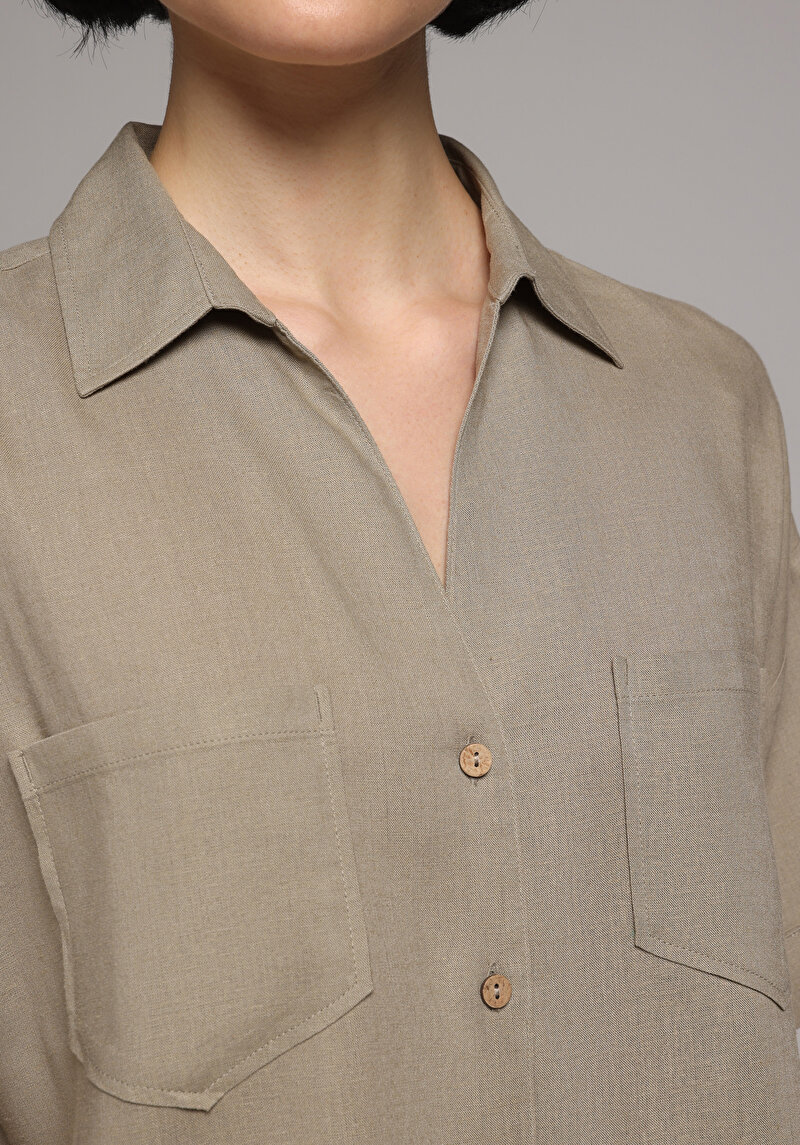 Fashion Fit Shirt Neck Düz Kadın Yeşil Kısa Kol Gömlek