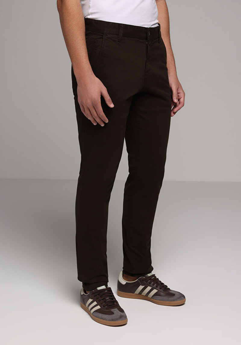 Slim Fit Orta Bel Düz Paça Erkek Kahverengi Pantolon