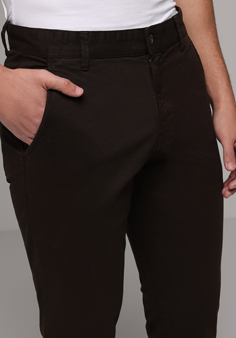 Slim Fit Orta Bel Düz Paça Erkek Kahverengi  Pantolon