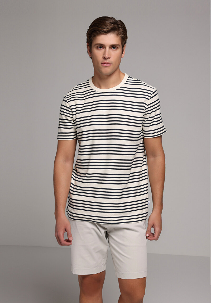 Regular Fit Yuvarlak Yaka Çizgili Erkek Lacivert Kısa Kol Tişört