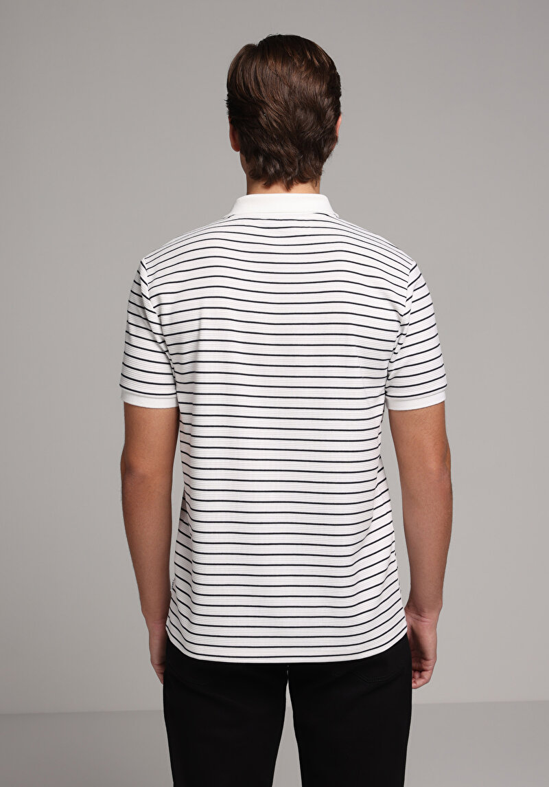 Regular Fit Polo Yaka Çizgili Erkek Beyaz Kısa Kol Tişört