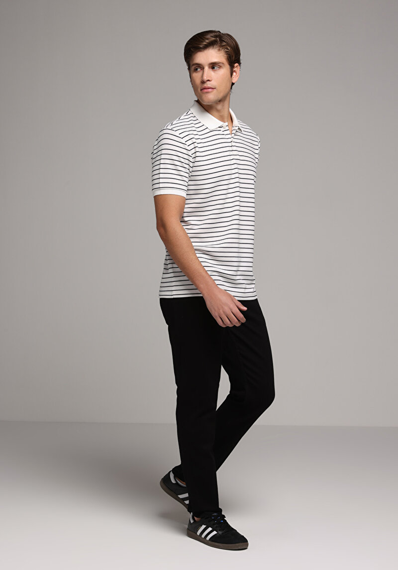 Regular Fit Polo Yaka Çizgili Erkek Beyaz Kısa Kol Tişört