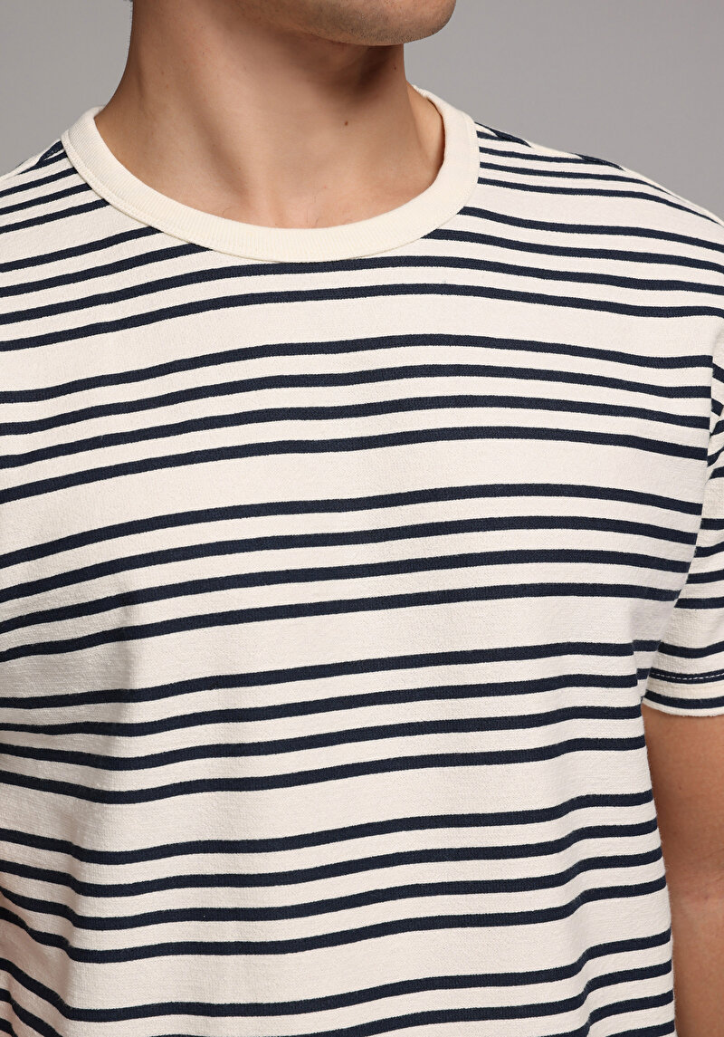 Regular Fit Yuvarlak Yaka Çizgili Erkek Lacivert Kısa Kol Tişört