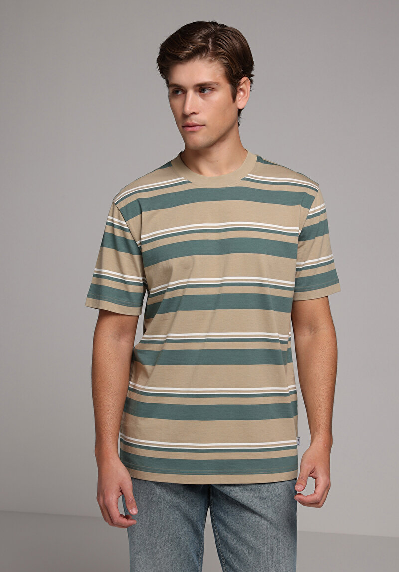 Comfort Fit Yuvarlak Yaka Çizgili Erkek Bej Kısa Kol Tişört