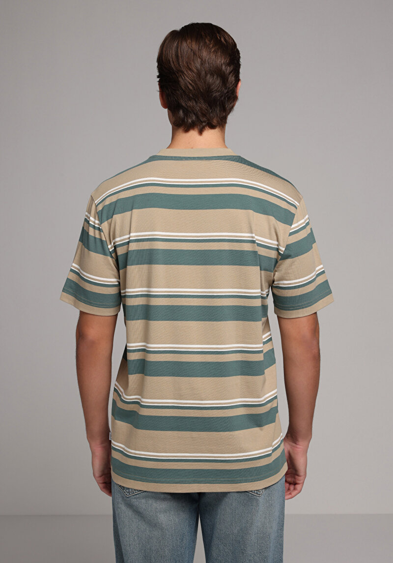 Comfort Fit Yuvarlak Yaka Çizgili Erkek Bej Kısa Kol Tişört