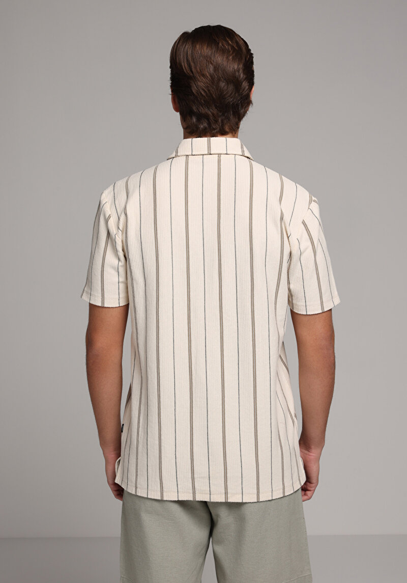 Regular Fit Polo Yaka Çizgili Erkek Ekru Kısa Kol Tişört