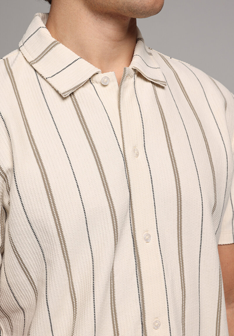 Regular Fit Polo Yaka Çizgili Erkek Ekru Kısa Kol Tişört
