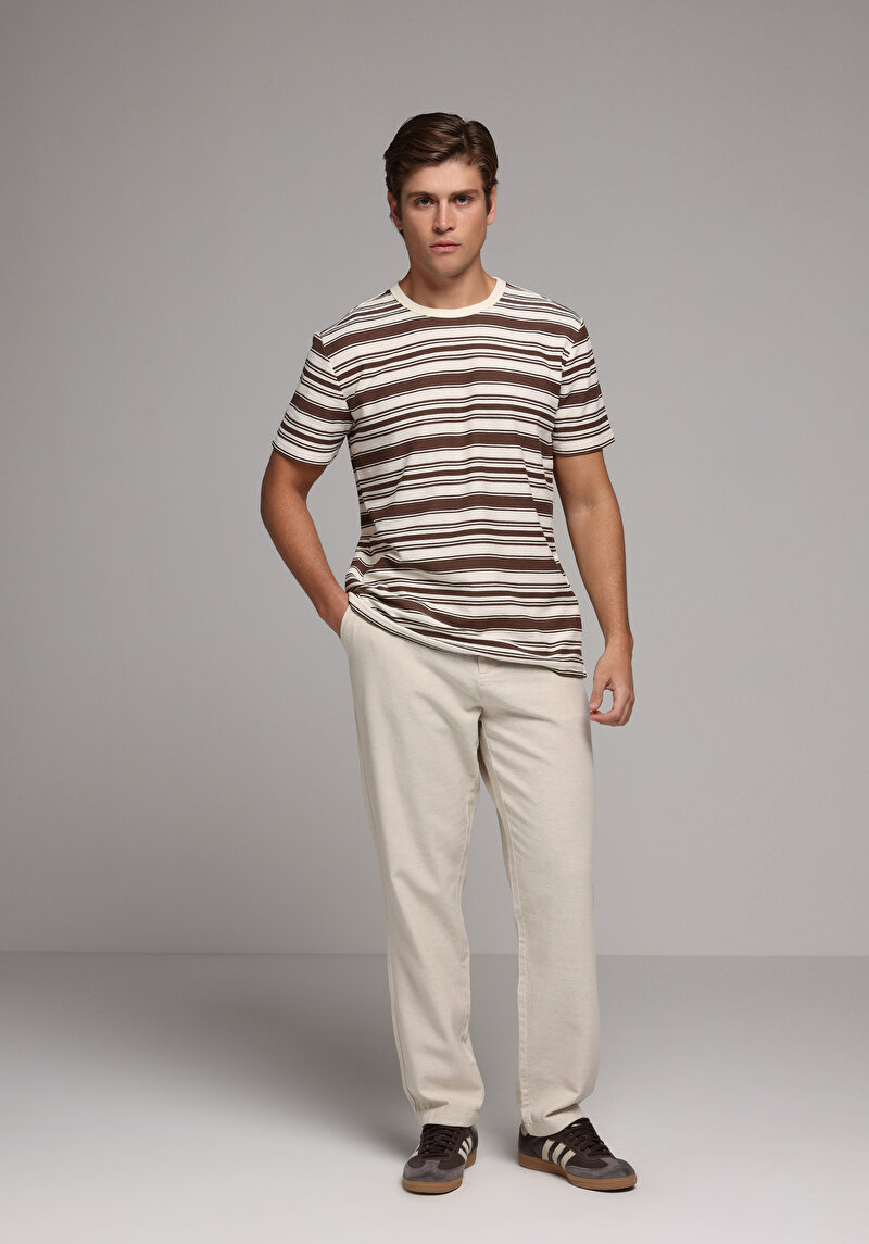 Regular Fit Yuvarlak Yaka Çizgili Erkek Kahverengi Kısa Kol Tişört