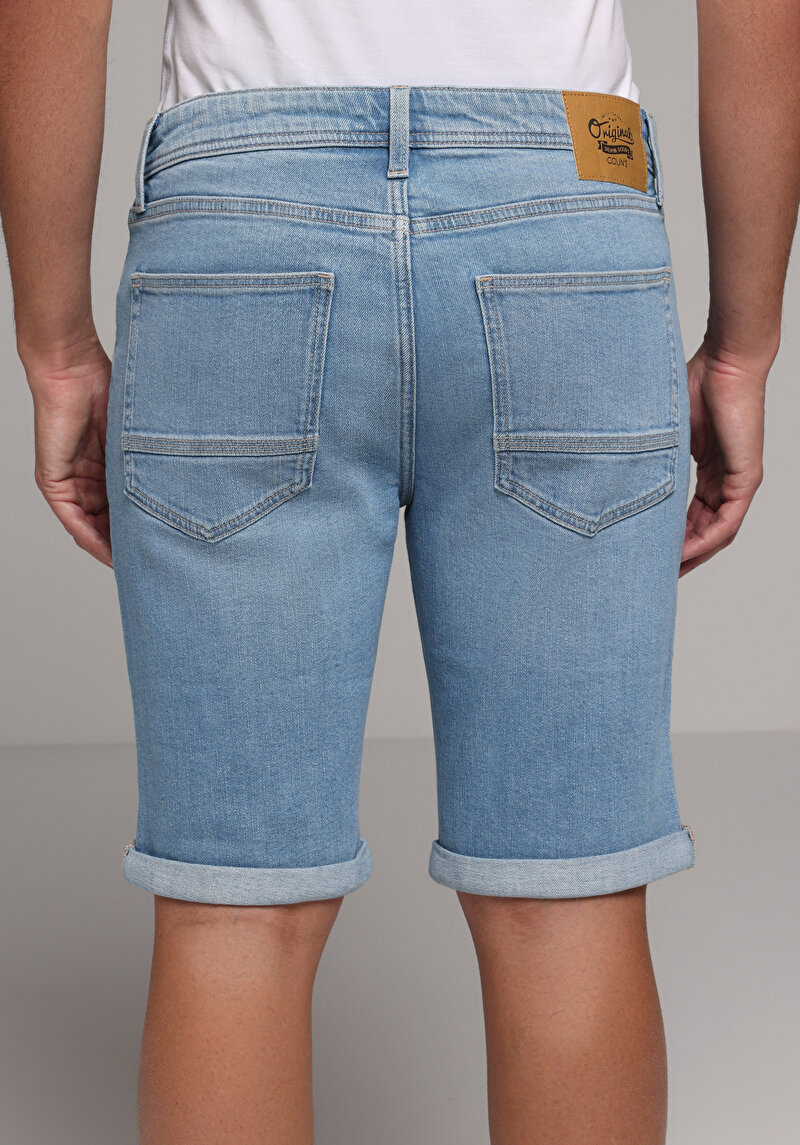Straight Fit Düşük Bel Düz Erkek Light İndigo Denim Jean Şort
