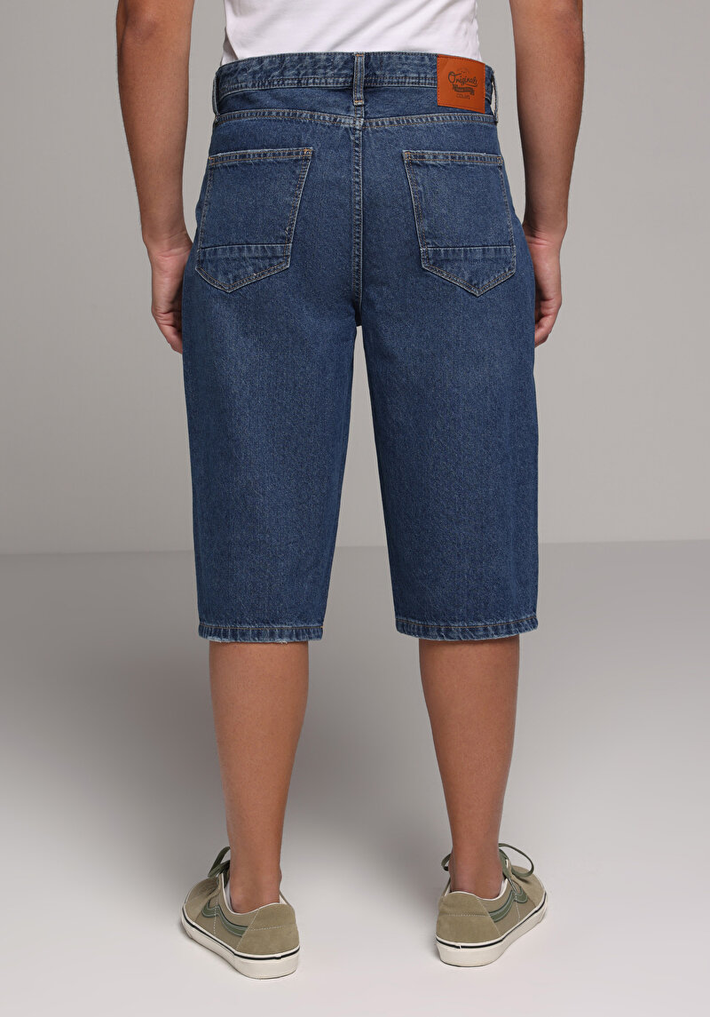 Straight Fit Orta Bel Düz Erkek Mid İndigo Denim Jean Şort