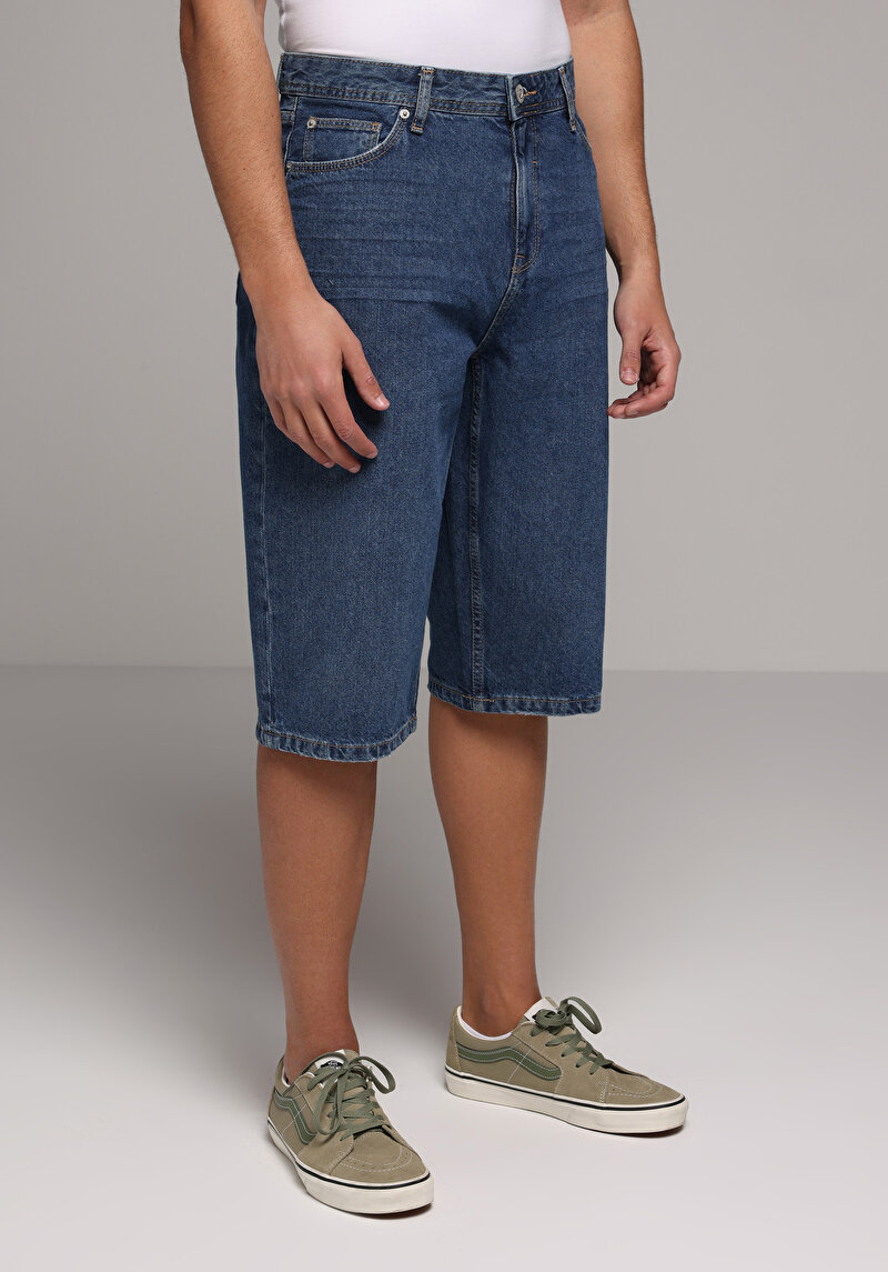 Straight Fit Orta Bel Düz Erkek Mid İndigo Denim Jean Şort