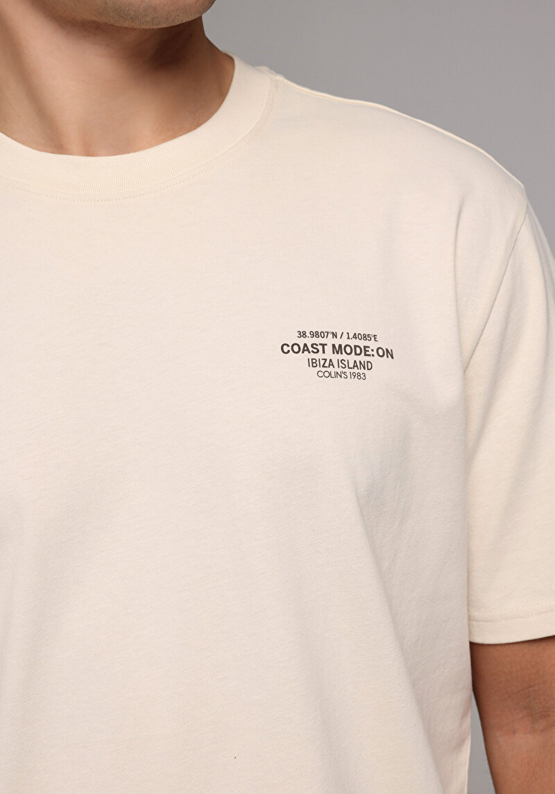 Comfort Fit Yuvarlak Yaka Düz Erkek Bej Kısa Kol Tişört