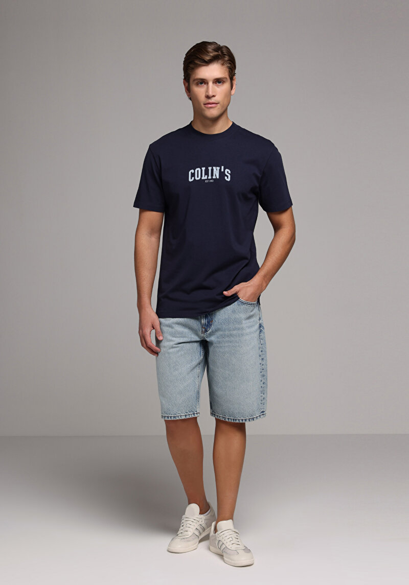 Regular Fit Yuvarlak Yaka Düz Erkek Lacivert Kısa Kol Tişört