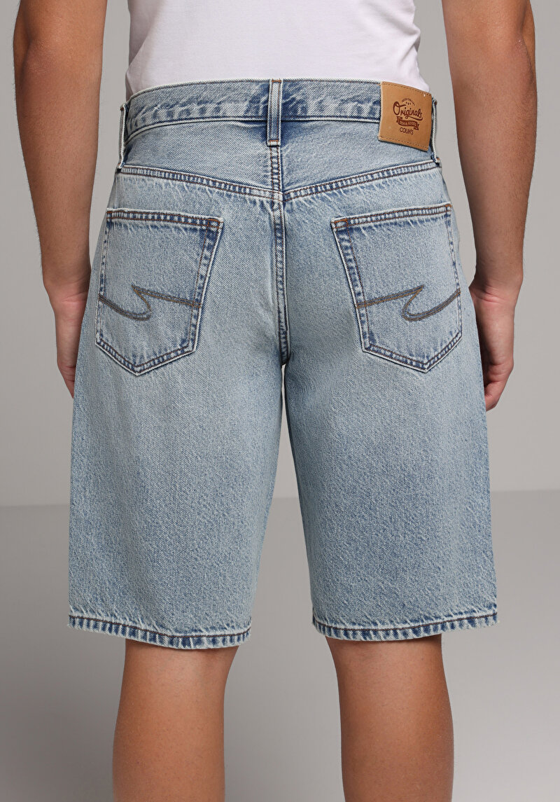 Loose Straight Fit Orta Bel Düz Erkek Light İndigo Denim Jean Şort