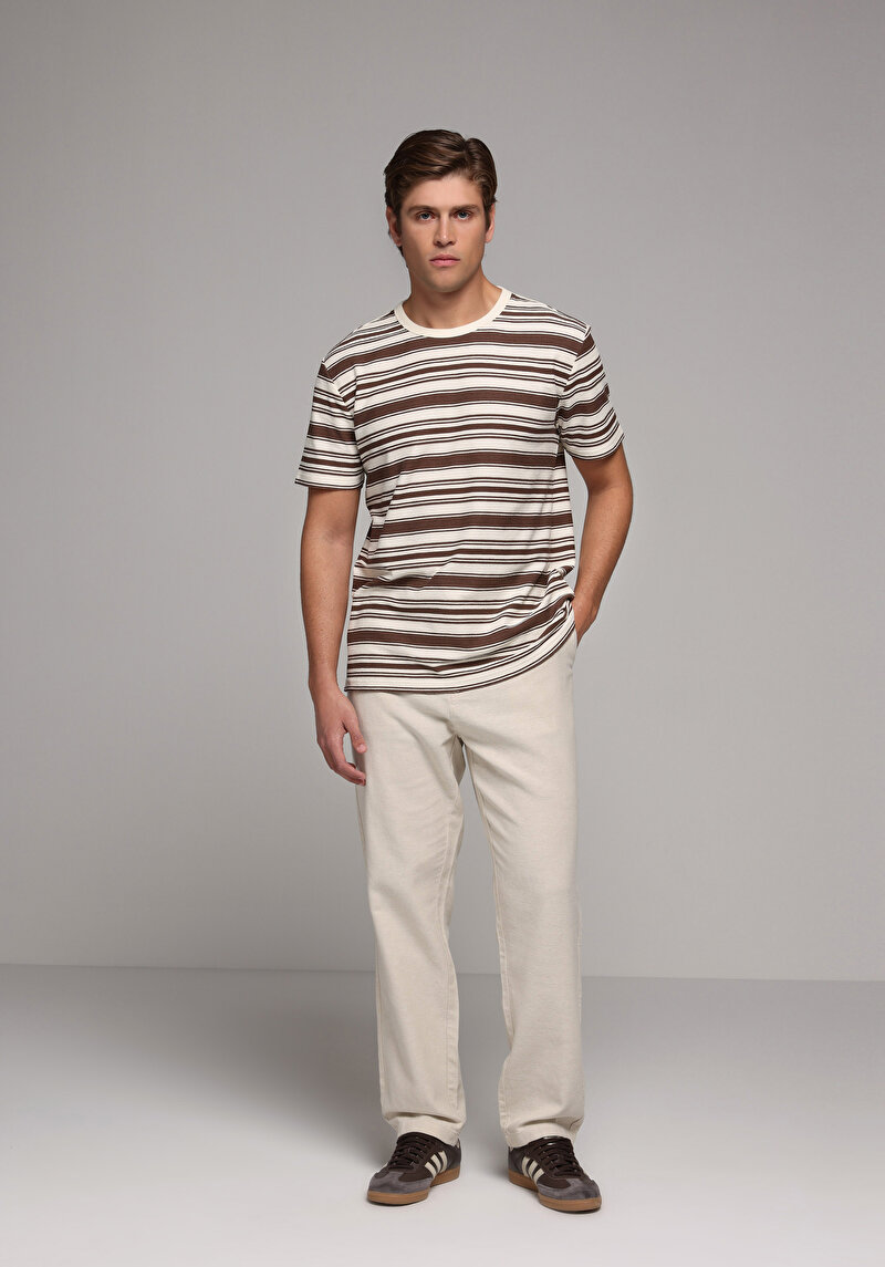 Regular Fit Orta Bel Düz Paça Erkek Bej Pantolon