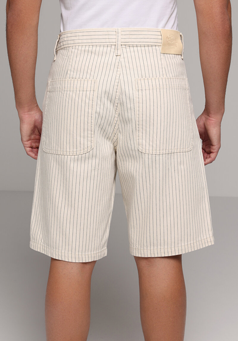 Loose Orta Bel Düz Erkek Stripe Denim Jean Şort