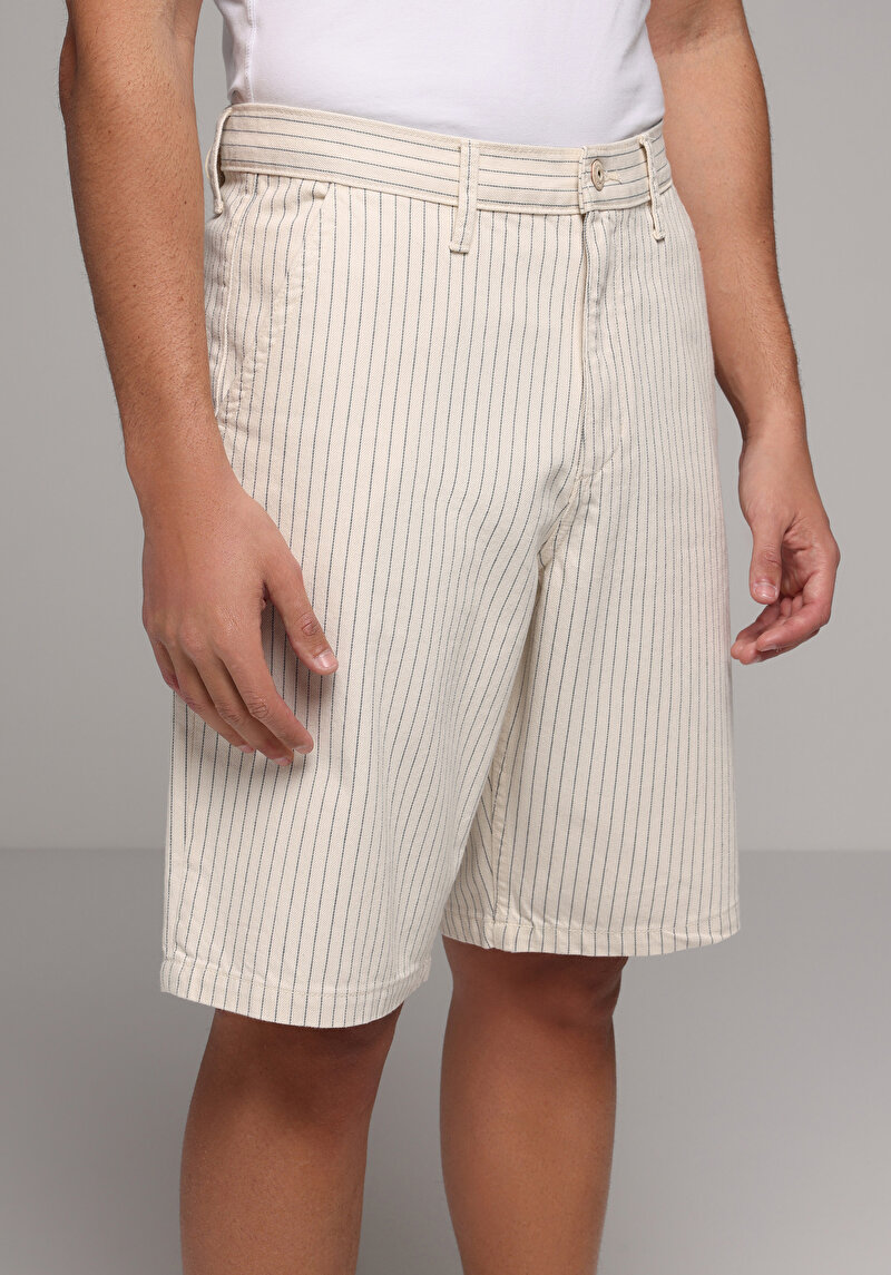 Loose  Orta Bel Düz Erkek Stripe Denim Jean Şort