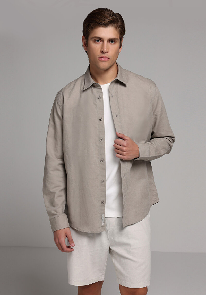Regular Fit Shirt Neck Düz Erkek Kahverengi Uzun Kol Gömlek