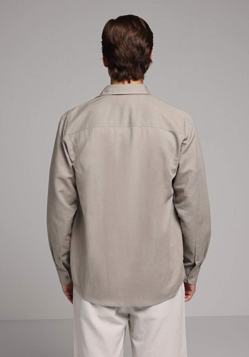 Regular Fit Shirt Neck Düz Erkek Kahverengi Uzun Kol Gömlek