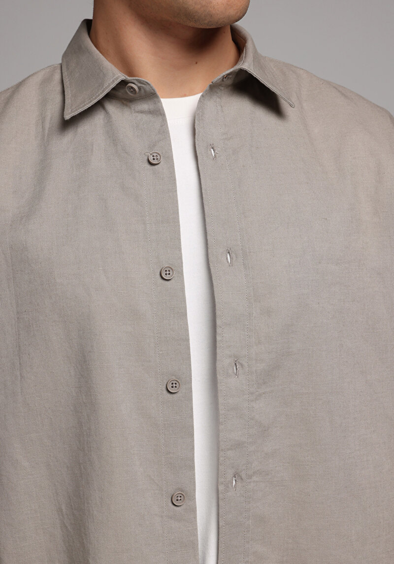 Regular Fit Shirt Neck Düz Erkek Kahverengi Uzun Kol Gömlek