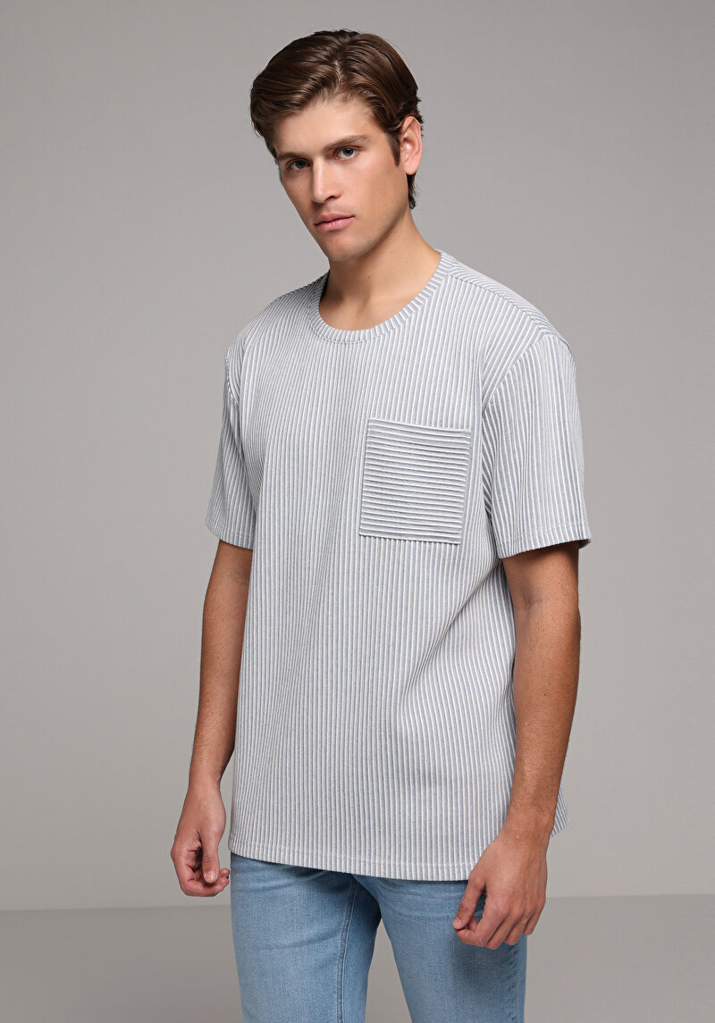 Comfort Fit Yuvarlak Yaka Düz Erkek Mavi Kısa Kol Tişört