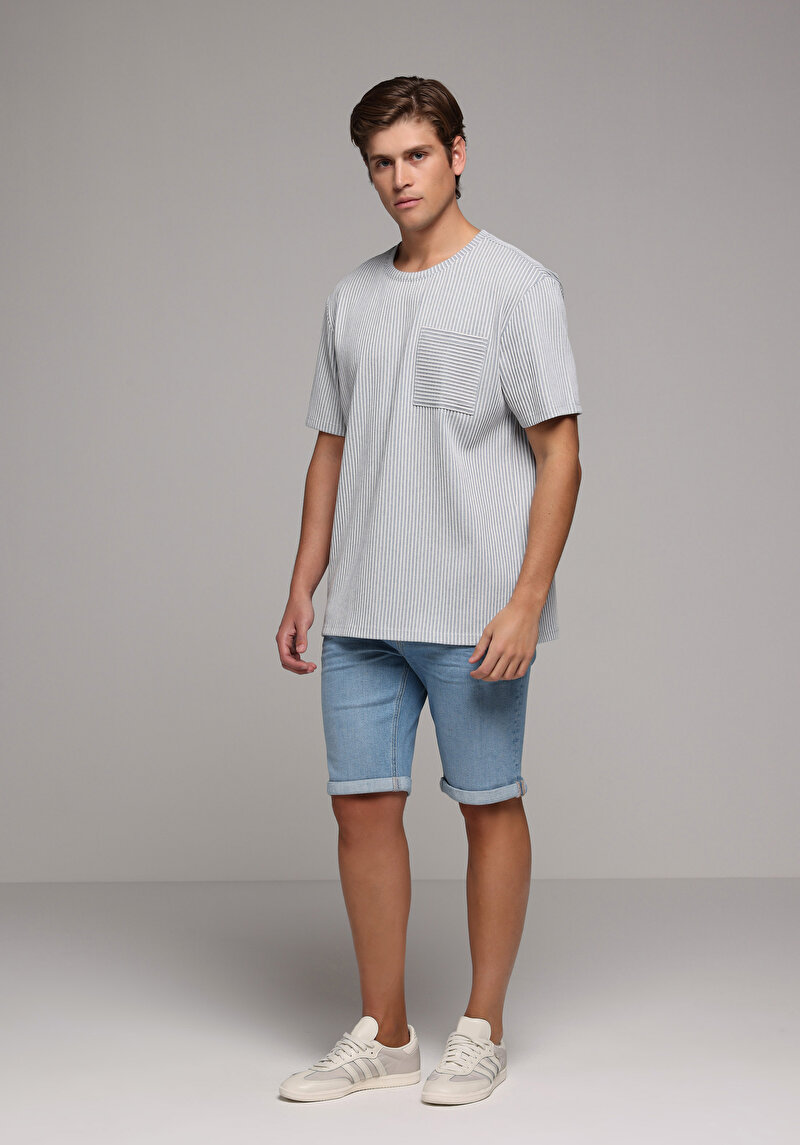 Comfort Fit Yuvarlak Yaka Düz Erkek Mavi Kısa Kol Tişört