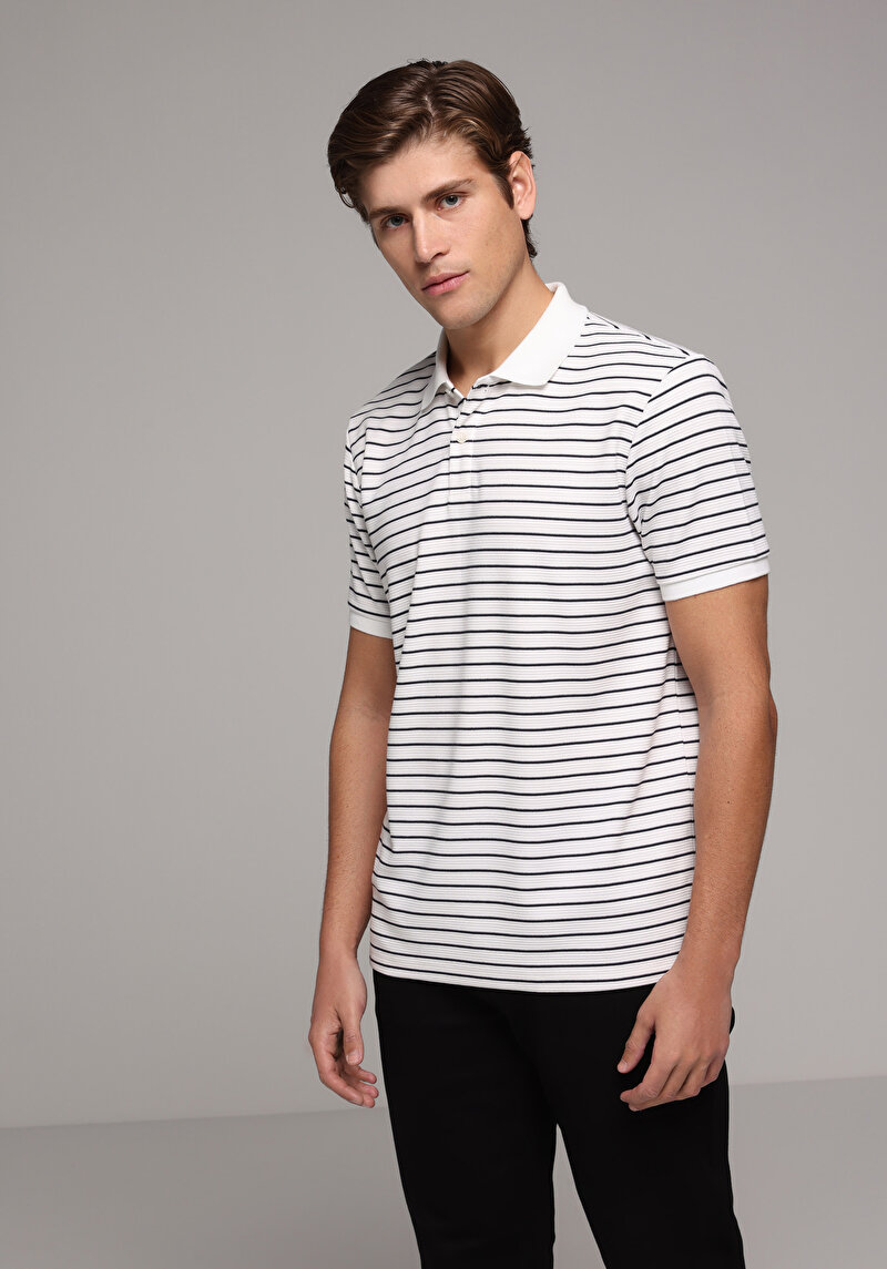 Regular Fit Polo Yaka Çizgili Erkek Beyaz Kısa Kol Tişört