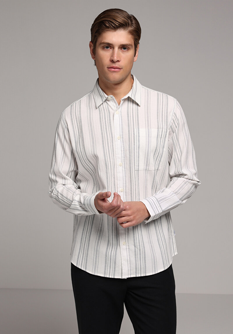 Regular Fit Shirt Neck Çizgili Erkek Antrasit Uzun Kol Gömlek