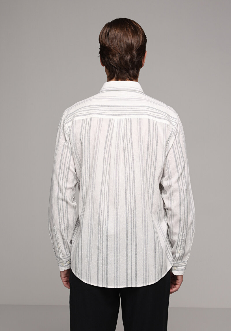 Regular Fit Shirt Neck Çizgili Erkek Antrasit Uzun Kol Gömlek