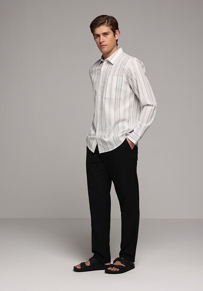 Regular Fit Shirt Neck Çizgili Erkek Antrasit Uzun Kol Gömlek