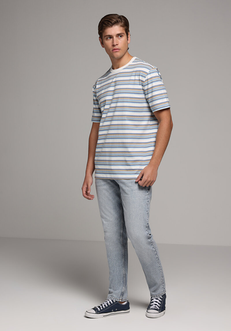 Comfort Fit Yuvarlak Yaka Çizgili Erkek Beyaz Kısa Kol Tişört