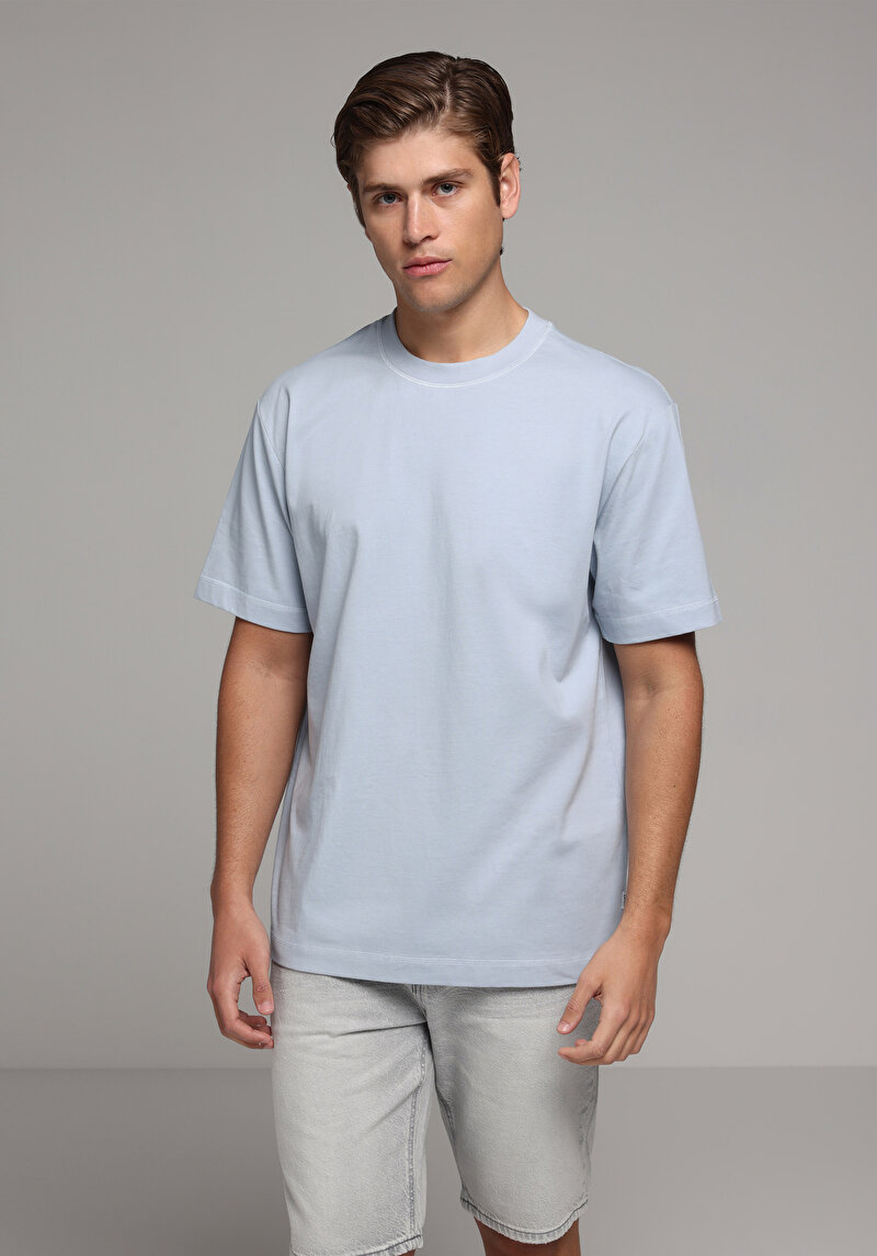 Comfort Fit Yuvarlak Yaka Düz Erkek Mavi Kısa Kol Tişört