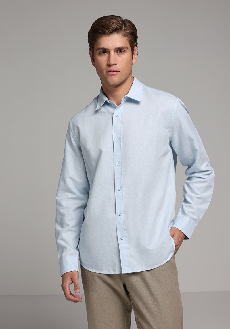 Regular Fit Shirt Neck Düz Erkek Mavi Uzun Kol Gömlek