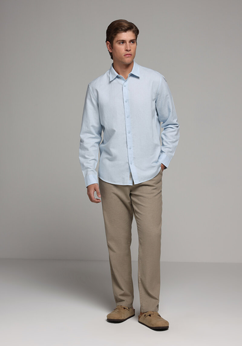 Regular Fit Shirt Neck Düz Erkek Mavi Uzun Kol Gömlek