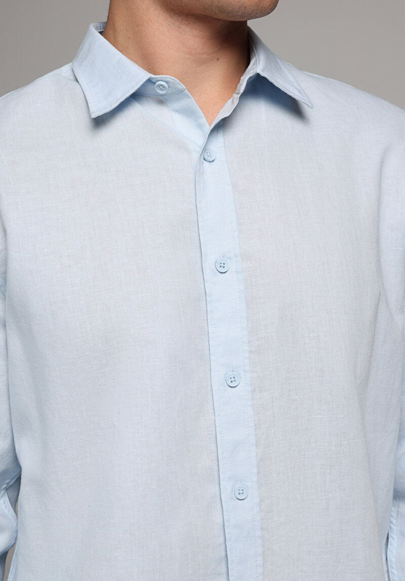 Regular Fit Shirt Neck Düz Erkek Mavi Uzun Kol Gömlek