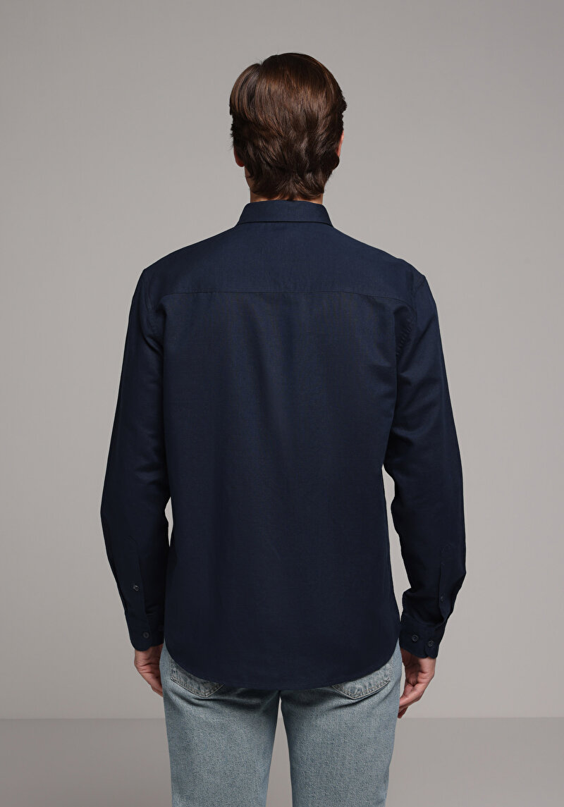 Regular Fit Shirt Neck Düz Erkek Lacivert Uzun Kol Gömlek