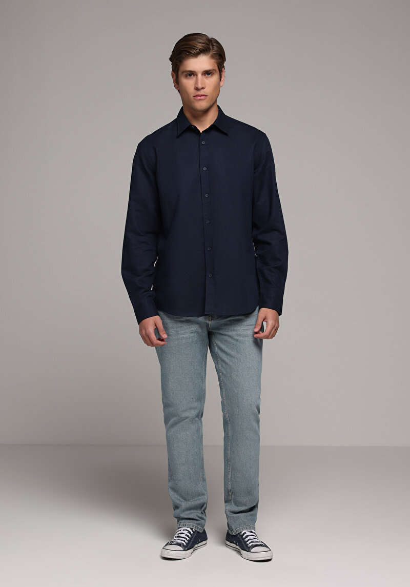 Regular Fit Shirt Neck Düz Erkek Lacivert Uzun Kol Gömlek