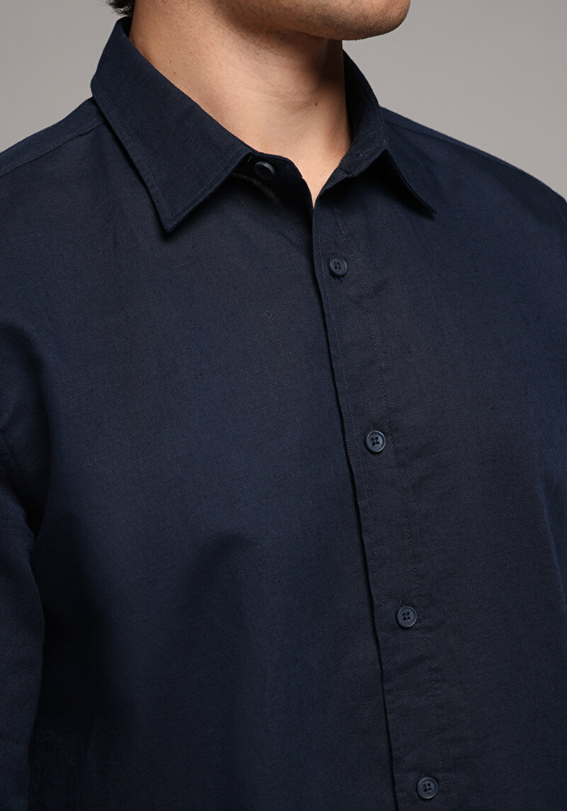 Regular Fit Shirt Neck Düz Erkek Lacivert Uzun Kol Gömlek