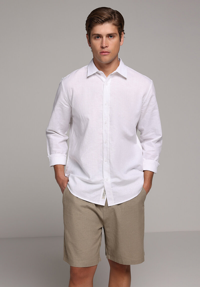 Regular Fit Shirt Neck Düz Erkek Beyaz Uzun Kol Gömlek