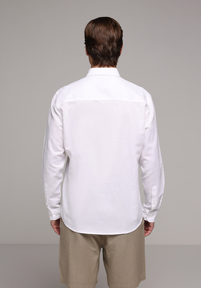 Regular Fit Shirt Neck Düz Erkek Beyaz Uzun Kol Gömlek
